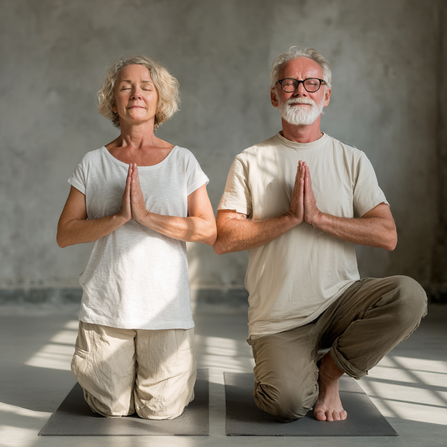 Група пожилих людей займається йогою